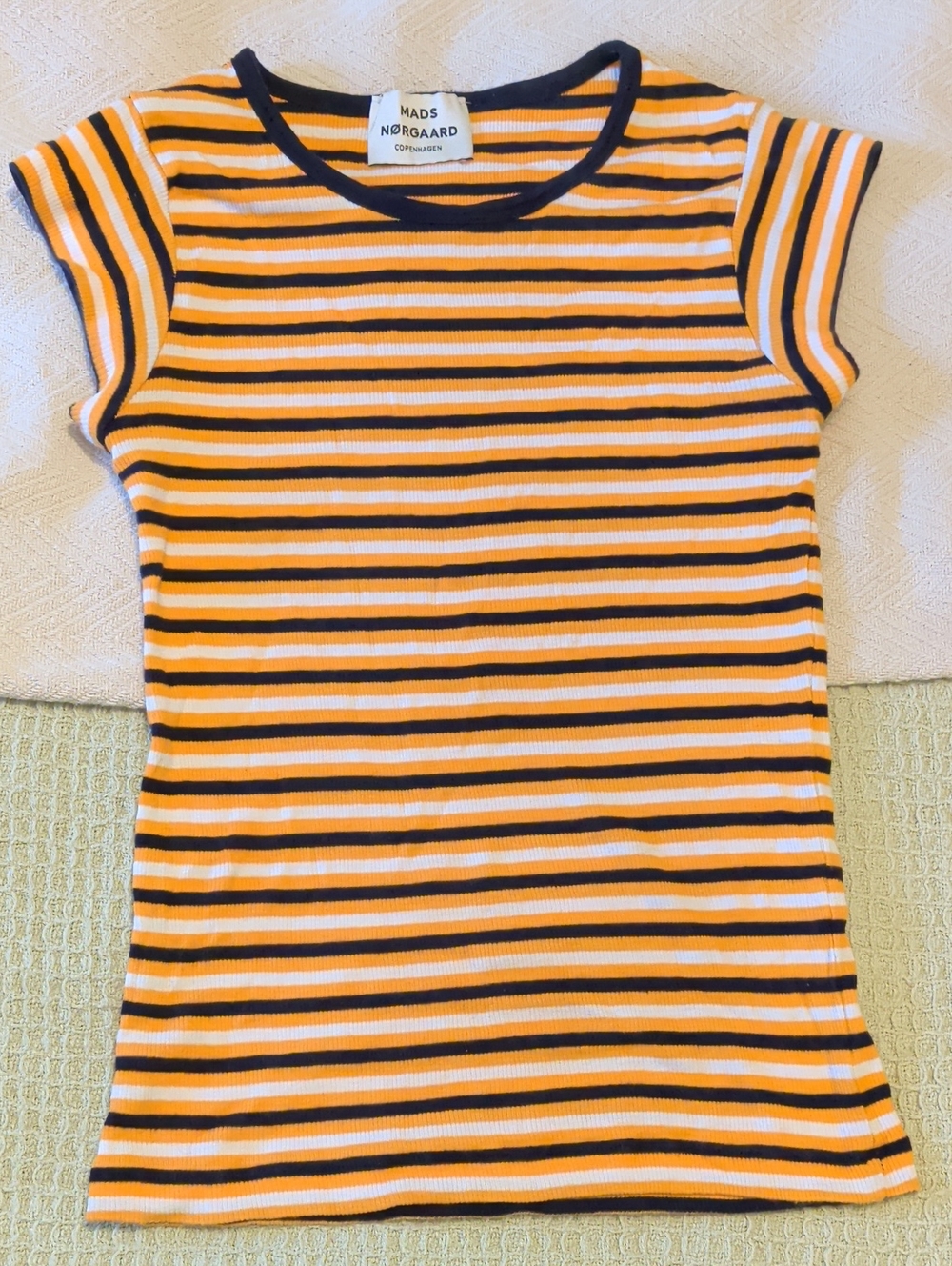Y2K 90's Vibe Mads Norgaard Yellow, Black & White Striped Short Sleeve Tee